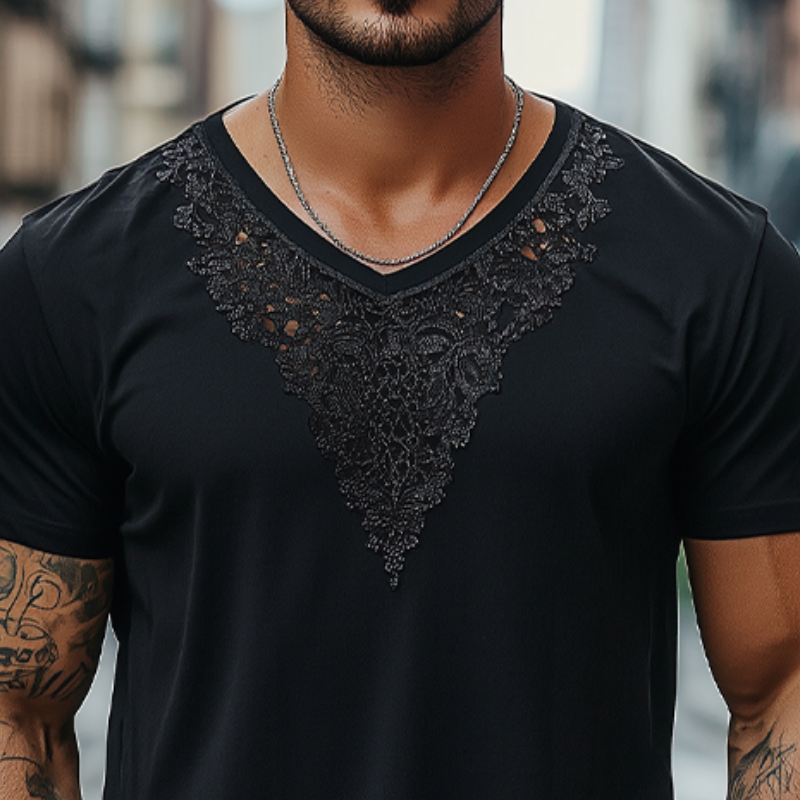 Men's Fashion Casual Lace V-neck Cotton Short-sleeved T-shirt 9928619851960