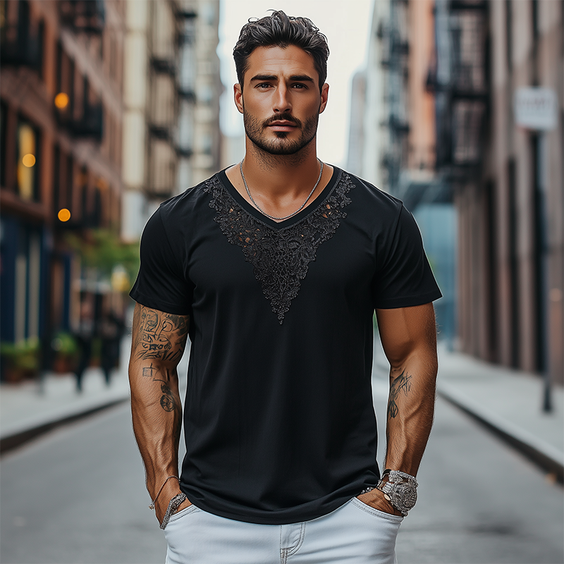 Men's Fashion Casual Lace V-neck Cotton Short-sleeved T-shirt 9928619851960