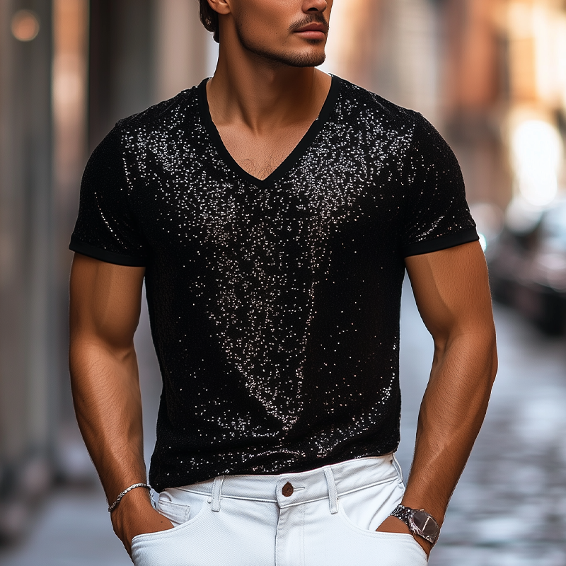 Men's Stylish Casual Personality Sequin Fabric Short-sleeved T-shirt 9928619983032