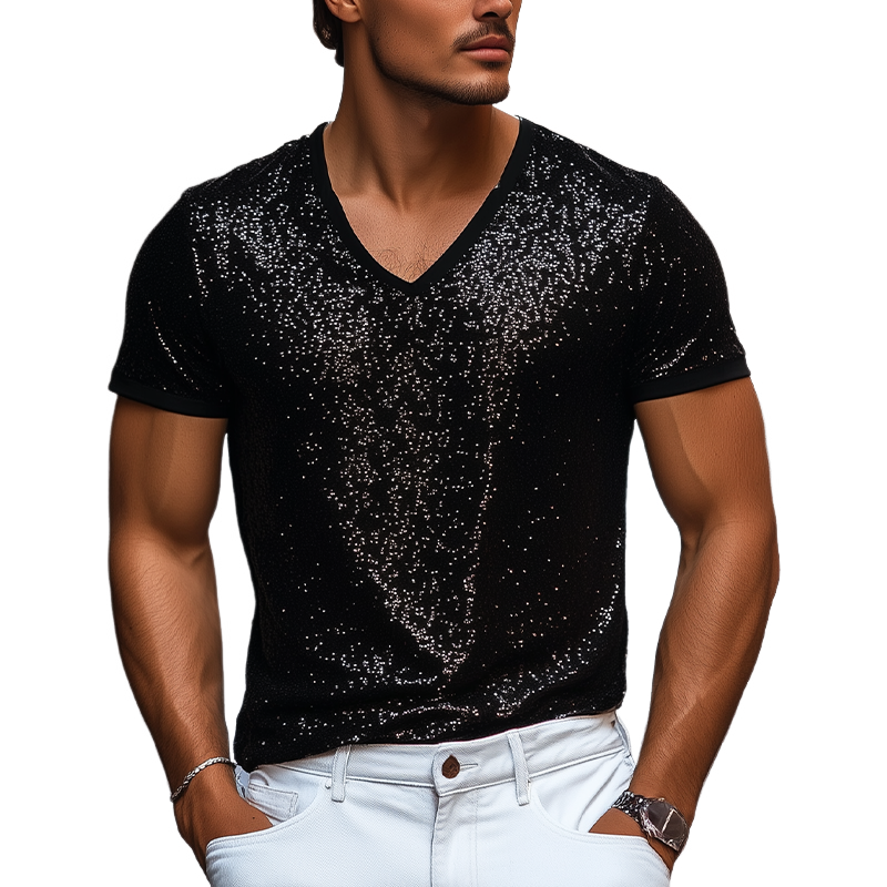 Men's Stylish Casual Personality Sequin Fabric Short-sleeved T-shirt 9928619983032