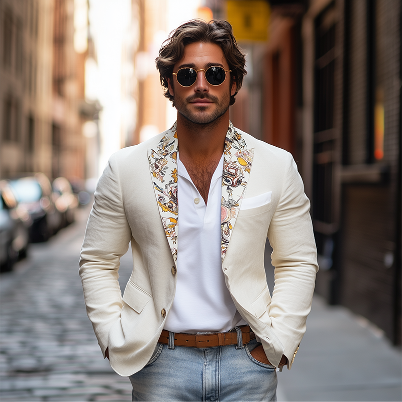 Men's Retro Fashion Collar Art Print Slim Fit Cotton and Linen Blazer 9928623751352
