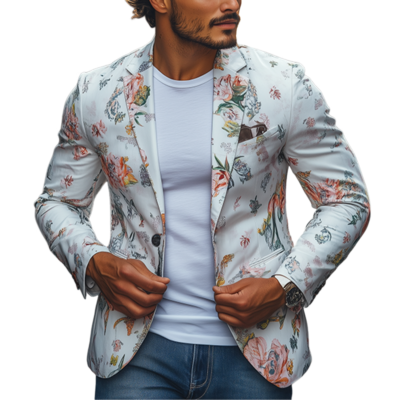 Men's Spring Retro Fashion Art Print Slim Fit Casual Blazer 9928623653048