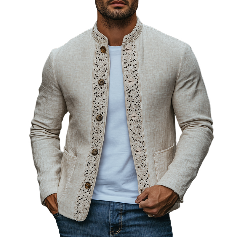 Men's Spring New Retro Lace Stitching Stand Collar Thin Cotton and Linen Jacket 9928623128760