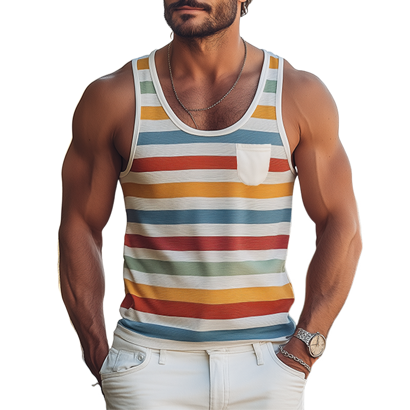 Men's Spring and Summer Fashion Casual Contrast Stripe Printed Tank Top 9928623423672