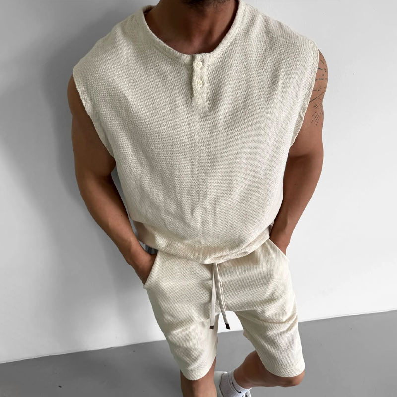 Men's Solid Henley Collar Sleeveless Tops Elastic Waist Shorts Casual Set 9928618836152