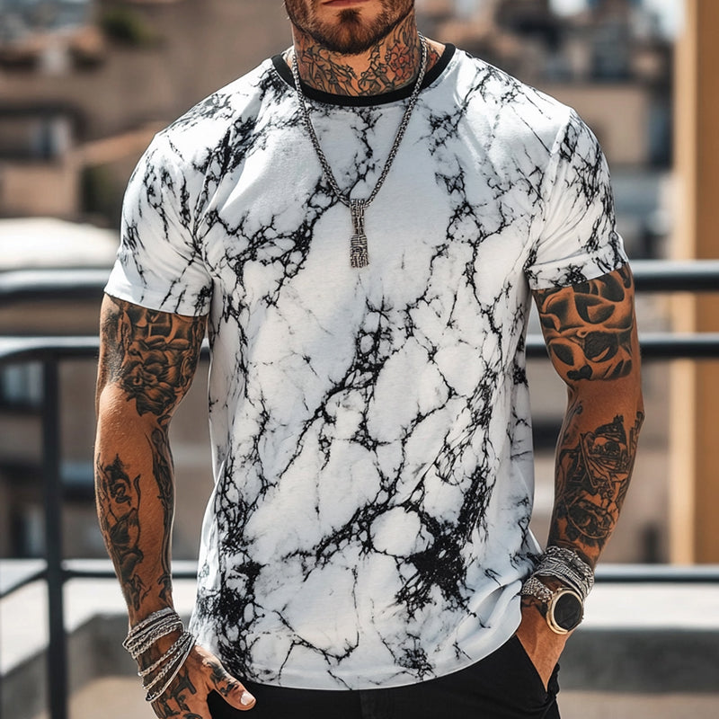 Men's Retro Casual Crack Printed Round Neck Short Sleeve T-Shirt 9928622473400