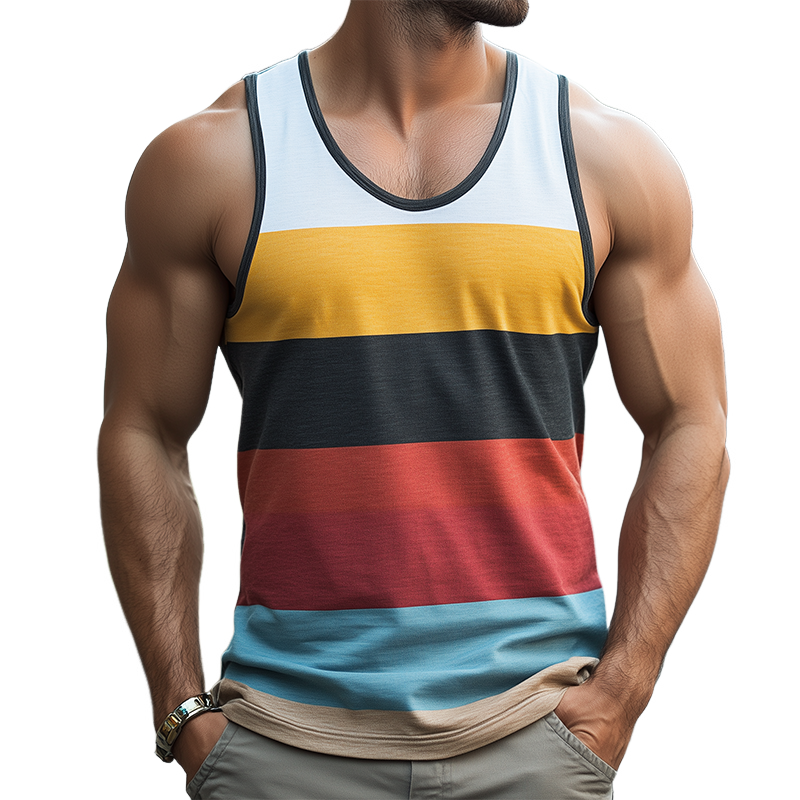 Men's Summer Fashion Casual Contrast Color Horizontal Stripe Printed Cotton Tank Top 9928623194296