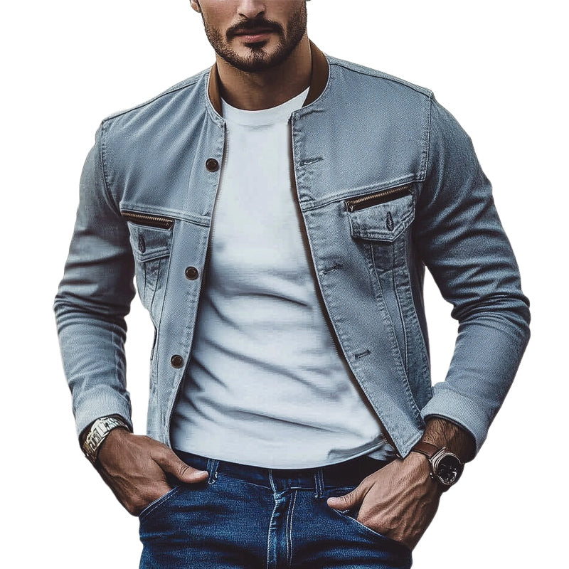 Men's Spring and Autumn Vintage Gray Washed Denim Jacket 9928619262136