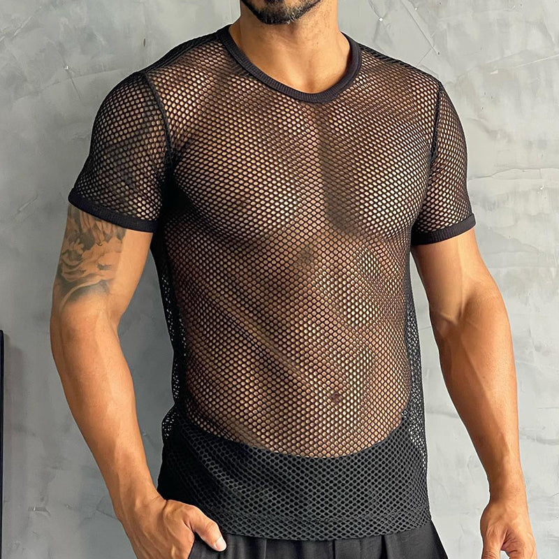 Men's Retro Casual Solid Color Slim Fit Mesh Cool Round Neck Short Sleeve T-shirt 9930001481912