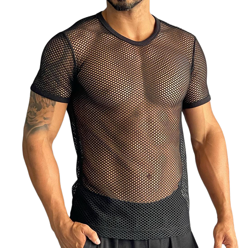Men's Retro Casual Solid Color Slim Fit Mesh Cool Round Neck Short Sleeve T-shirt 9930001481912