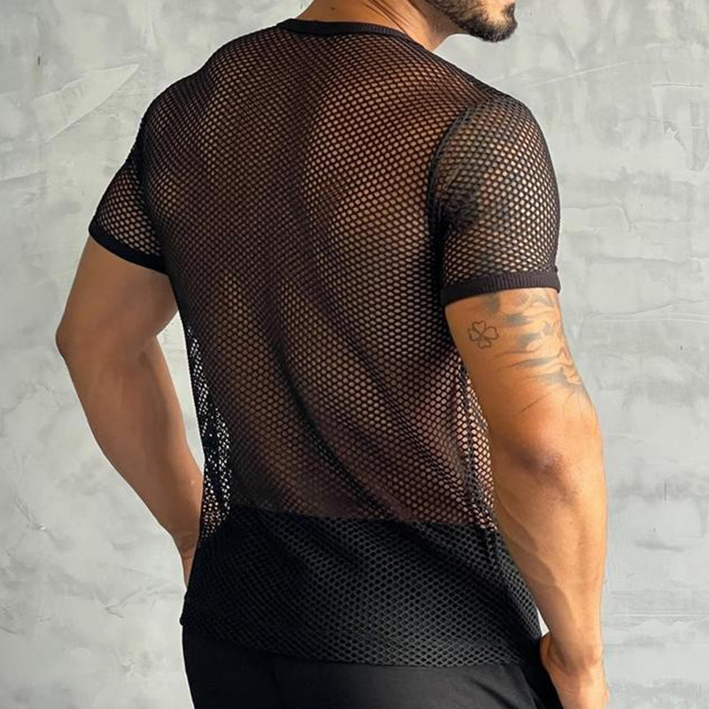 Men's Retro Casual Solid Color Slim Fit Mesh Cool Round Neck Short Sleeve T-shirt 9930001481912