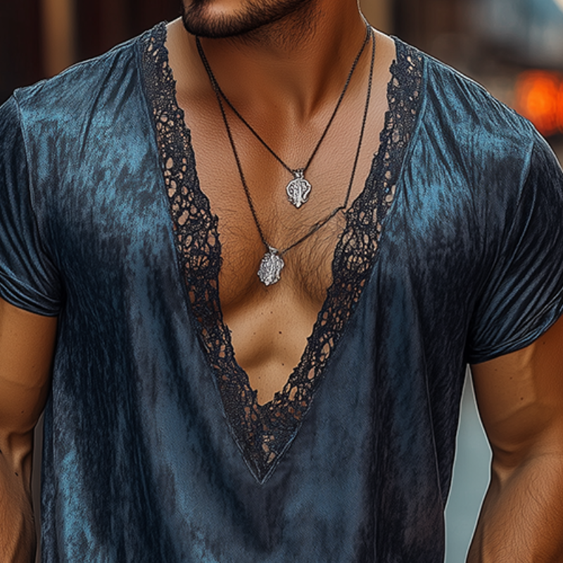 Men's Fashion Retro Sexy Lace Stitching Satin Printed Deep V Neck T-Shirt 9930000859320