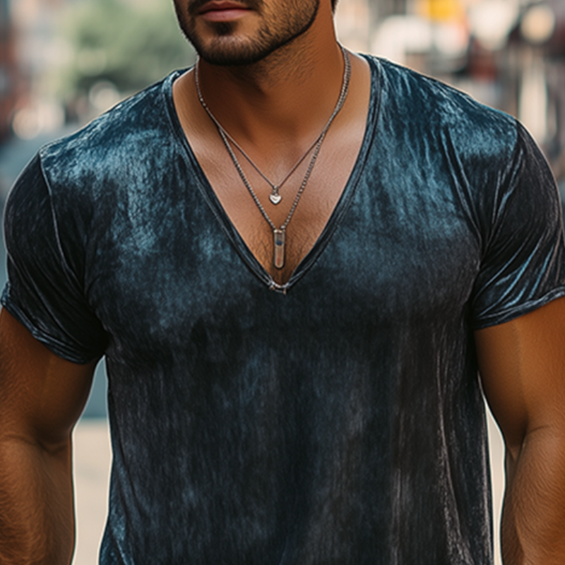 Men's Spring and Summer Fashion Leisure Silk Cotton Deep V Neck T-shirt 9930000924856