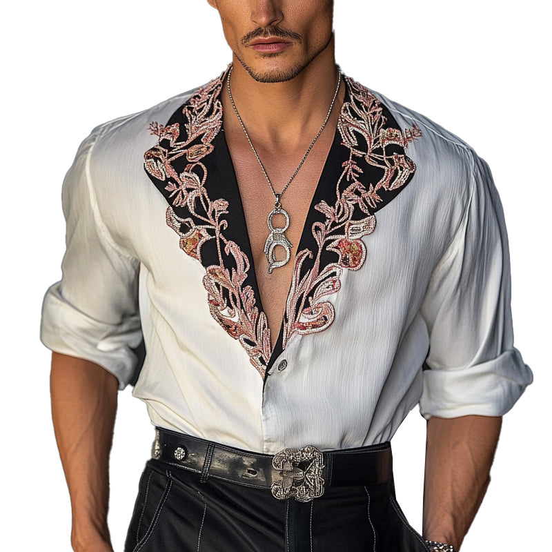 Men's Vintage Embroidered Contrast Long Sleeve Shirt 9934847869112