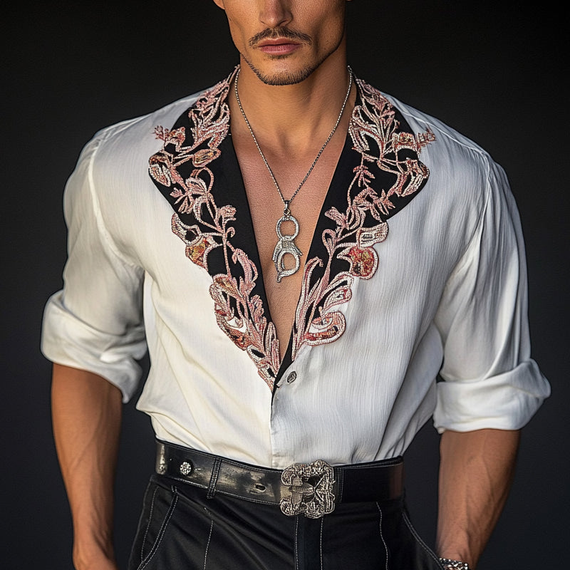 Men's Vintage Embroidered Contrast Long Sleeve Shirt 9934847869112