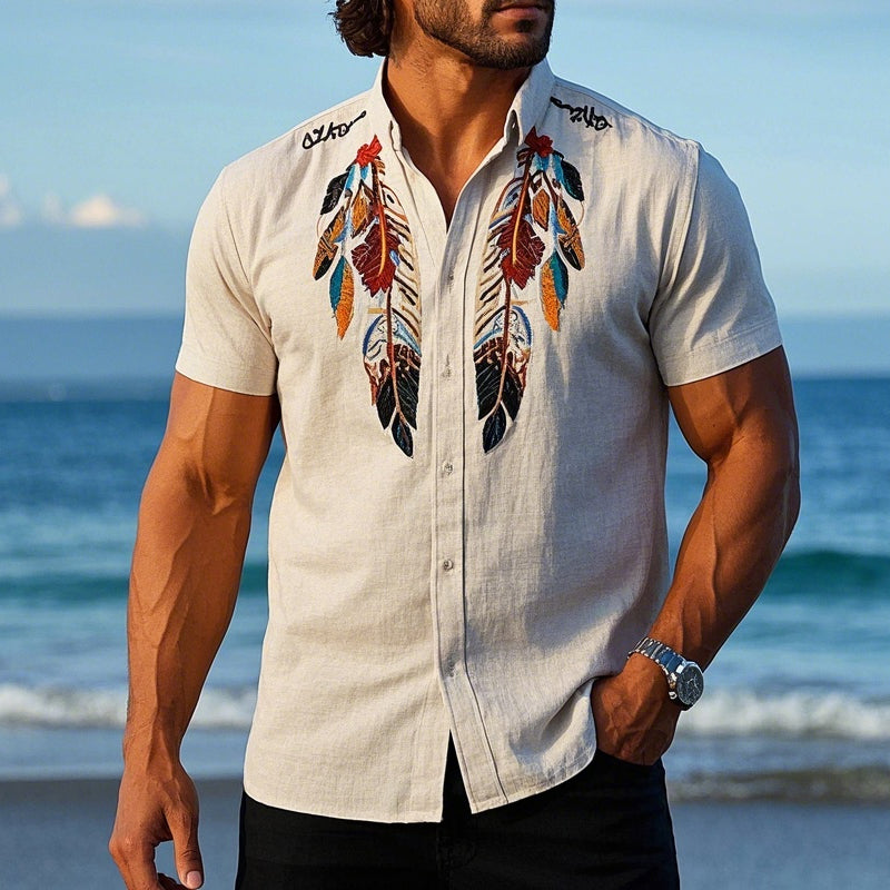 Men's Vintage Feather Embroidered Short Sleeve Shirt 9934848032952