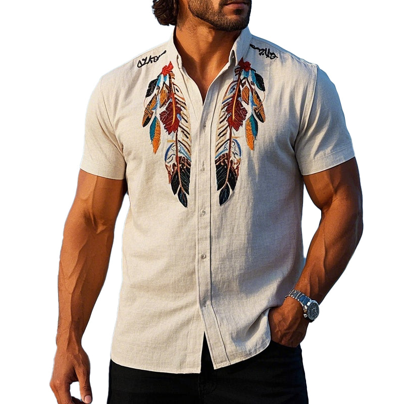 Men's Vintage Feather Embroidered Short Sleeve Shirt 9934848032952