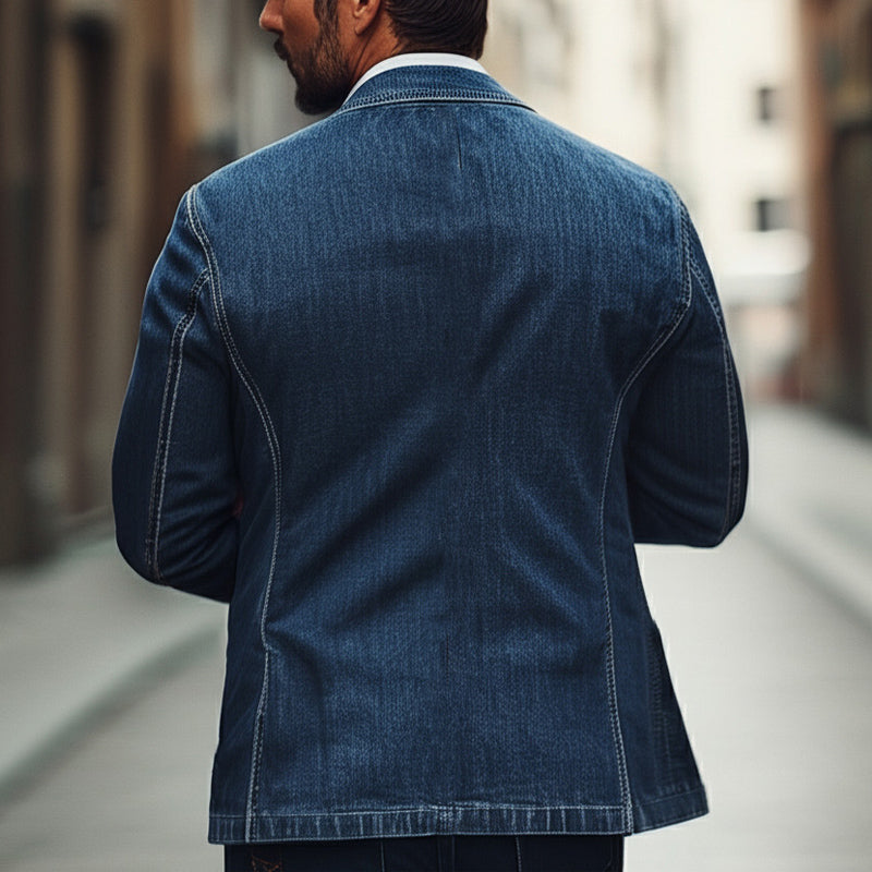 Men'S Dark Blue Textured Washed Denim Blazer 9934847475896
