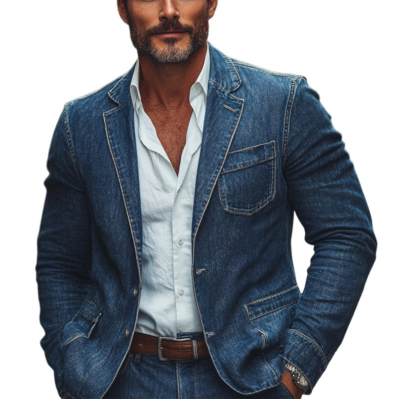 Men'S Dark Blue Textured Washed Denim Blazer 9934847475896