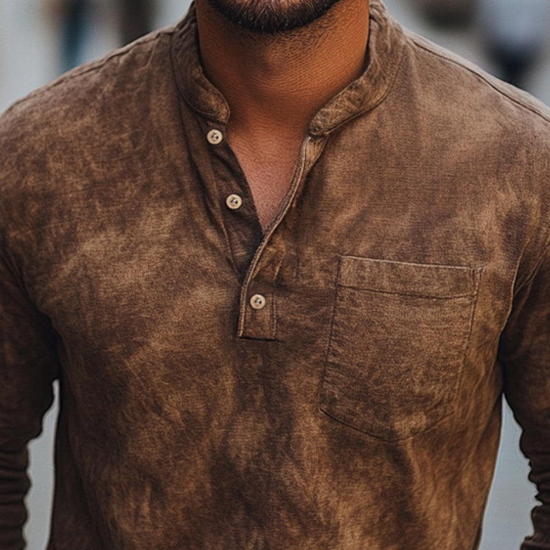 Men's Brown Tie-Dye Button-Down Cotton Long Sleeve T-Shirt 9934840561848