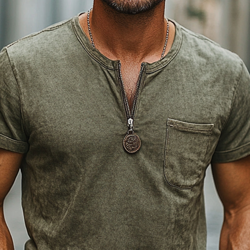 Men's Comfortable Vintage Zipper Neck Casual T-Shirt 9934840987832