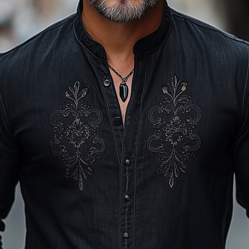 Men's Comfortable Cotton and Linen Embroidered Button Collar T-Shirt 9934842527928