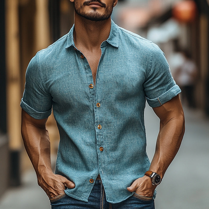 Men's Casual Cotton and Linen Short Sleeve Lapel Shirt 9942353215672