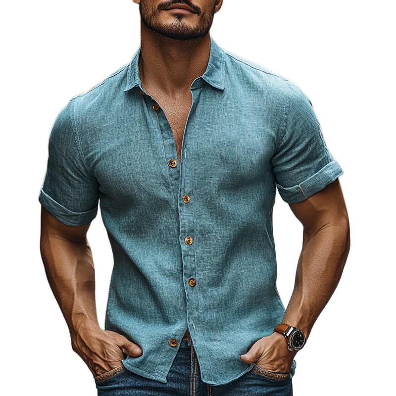 Men's Casual Cotton and Linen Short Sleeve Lapel Shirt 9942353215672