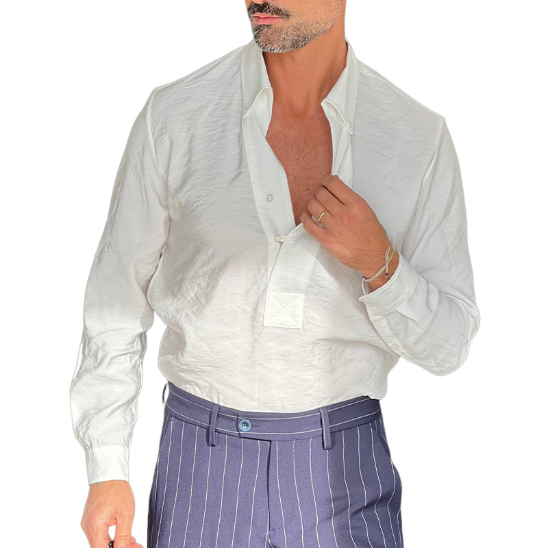 Men's Solid Color Pullover Lapel Long Sleeve Shirt 9942360424632