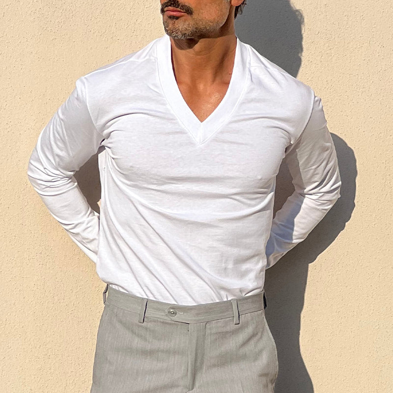 Men's Solid Color Blend V-Neck Long Sleeve T-Shirt 9942358687928