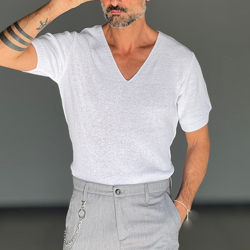 Men's Solid Color V-Neck Short Sleeve Knitted T-Shirt 9942358753464