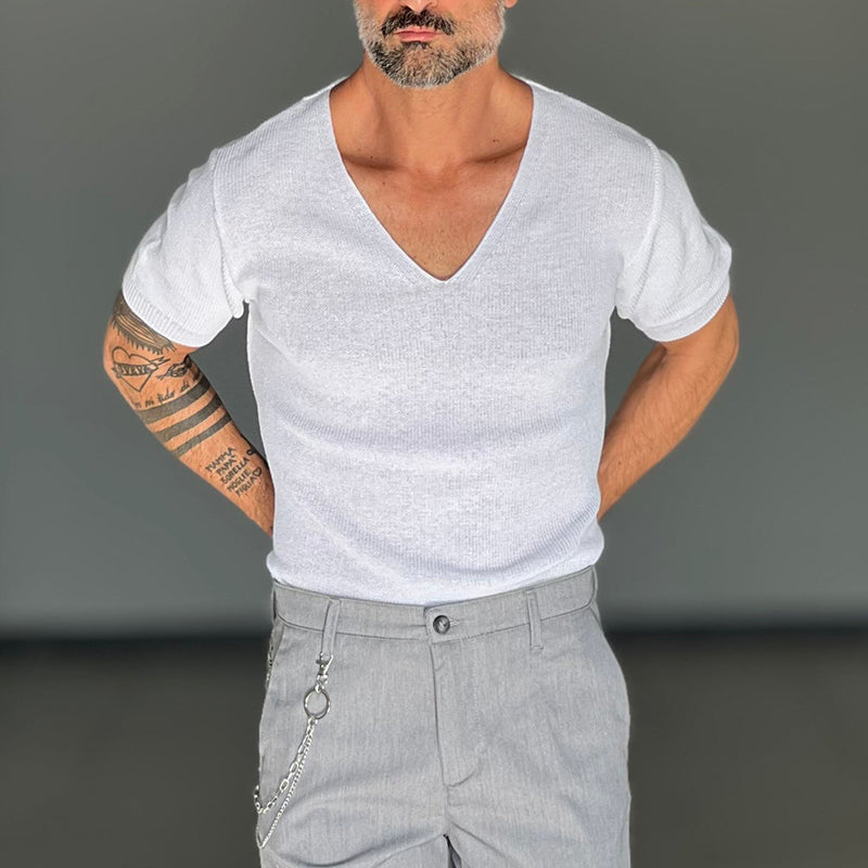 Men's Solid Color V-Neck Short Sleeve Knitted T-Shirt 9942358753464