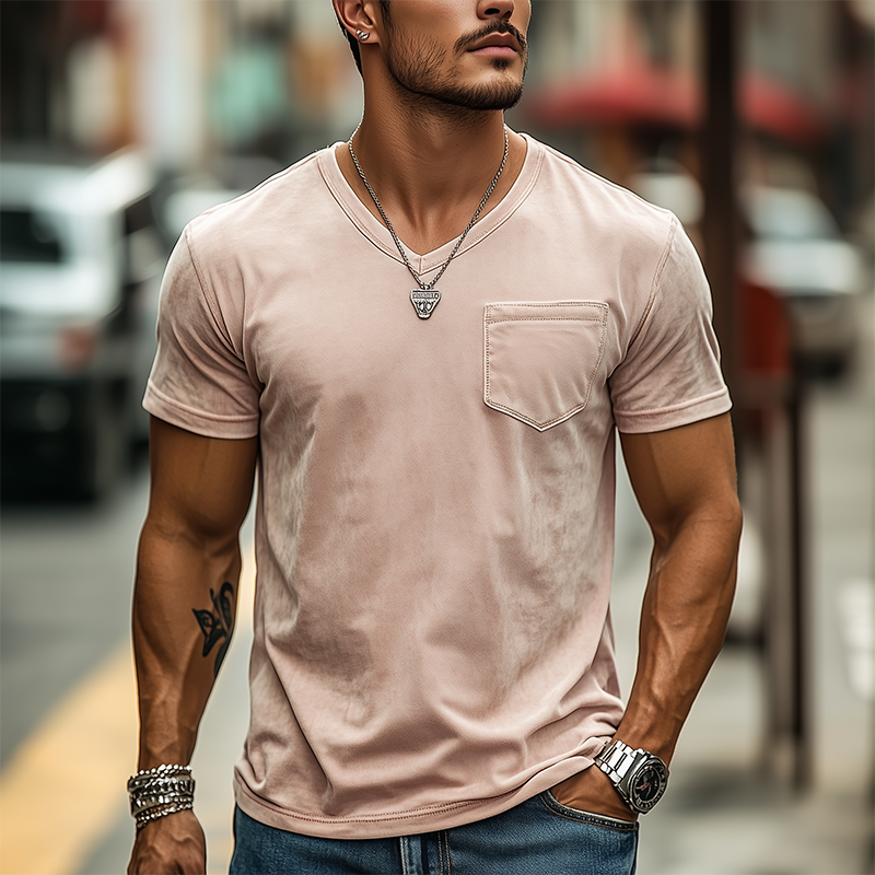 Men's Spring and Summer Fashion Casual Suede Slim Short Sleeve T-shirt 9940339032248