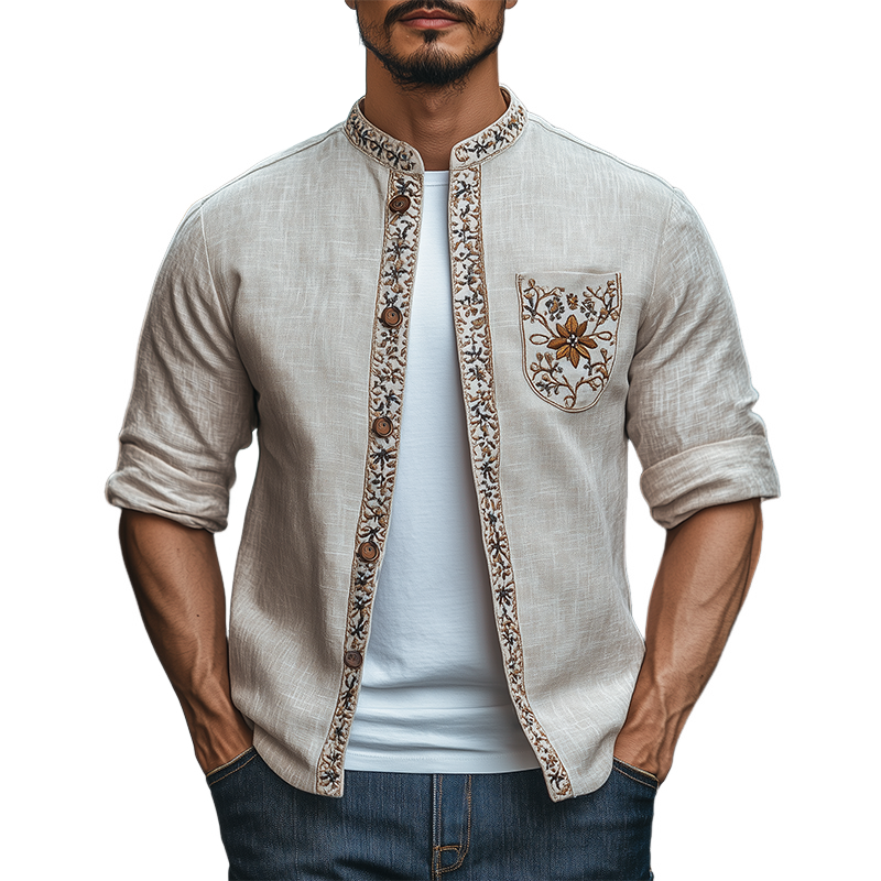 Men's Spring Fashion Retro Stand Collar Embroidered Long Sleeve Shirt 9940338507960
