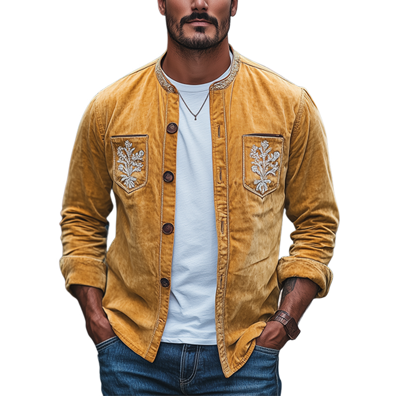 Men's Spring Fashion Retro Embroidered Suede Long Sleeve Shirt 9940335526072