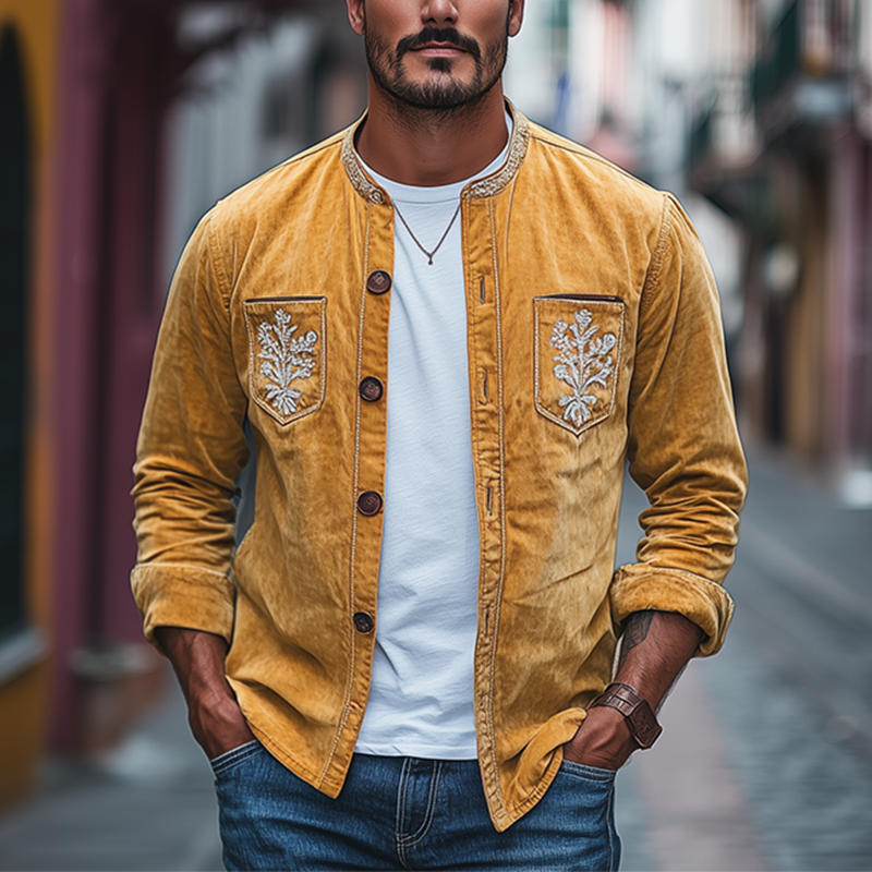 Men's Spring Fashion Retro Embroidered Suede Long Sleeve Shirt 9940335526072