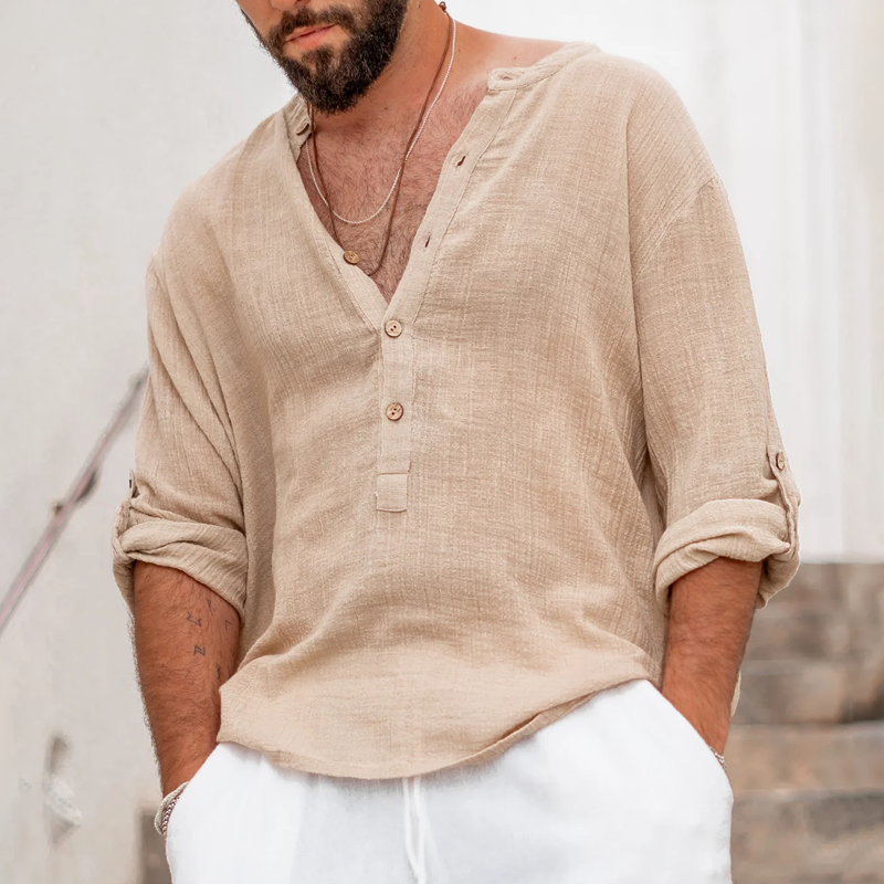 Men's Solid Cotton And Linen Henley Collar Long Sleeve Shirt 9942354395320