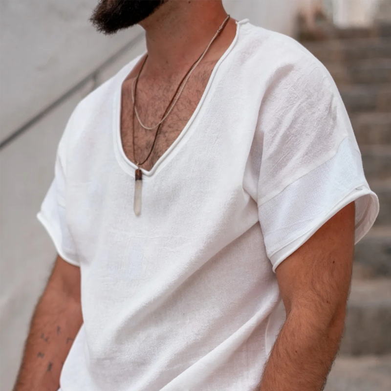 Men's Solid Color Rolled UP Round Neck Short Sleeve T-shirt 9942354493624