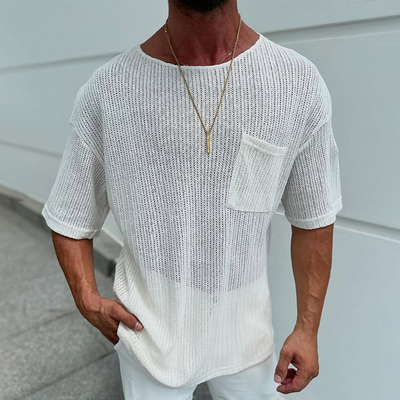 Men's Solid Color Mesh Round Neck Chest Pocket Short Sleeve T-shirt 9942354100408
