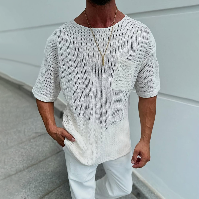 Men's Solid Color Mesh Round Neck Chest Pocket Short Sleeve T-shirt 9942354100408