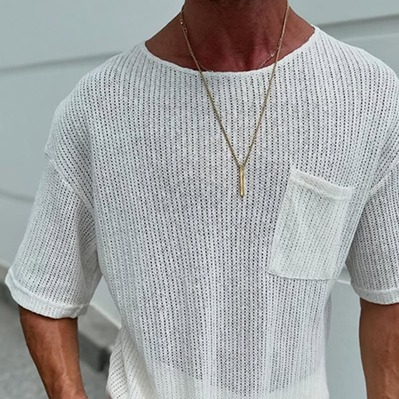 Men's Solid Color Mesh Round Neck Chest Pocket Short Sleeve T-shirt 9942354100408