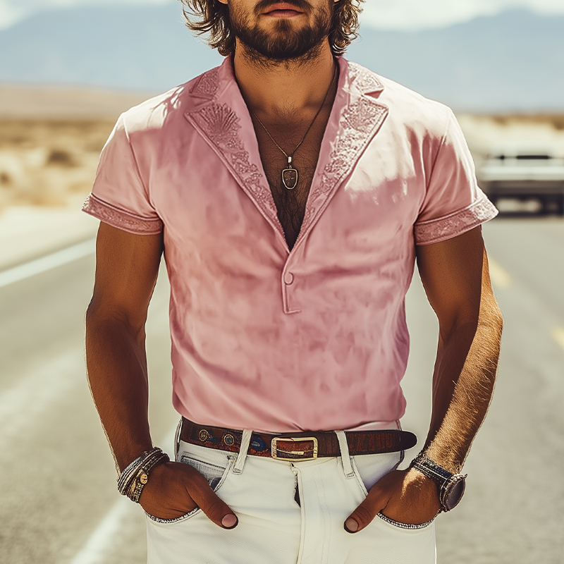 Men's Spring Fashion Casual Deep V-neck Slim Fit Embroidered Suede Short Sleeve T-shirt 9944188354744
