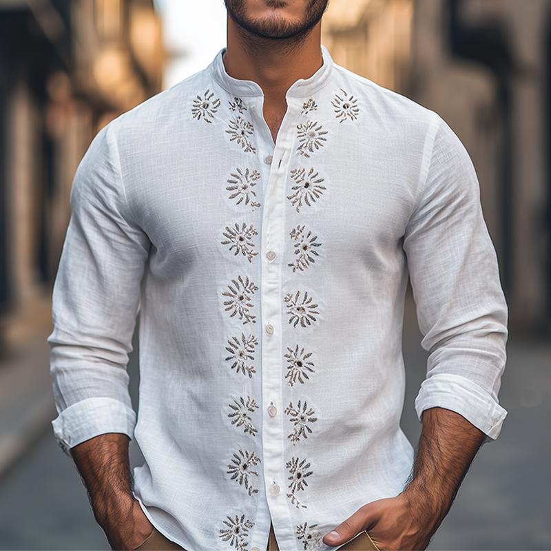 Men's Spring Fashion Retro Stand Collar Embroidered Cotton and Linen Long Sleeve Shirt 9944191205560