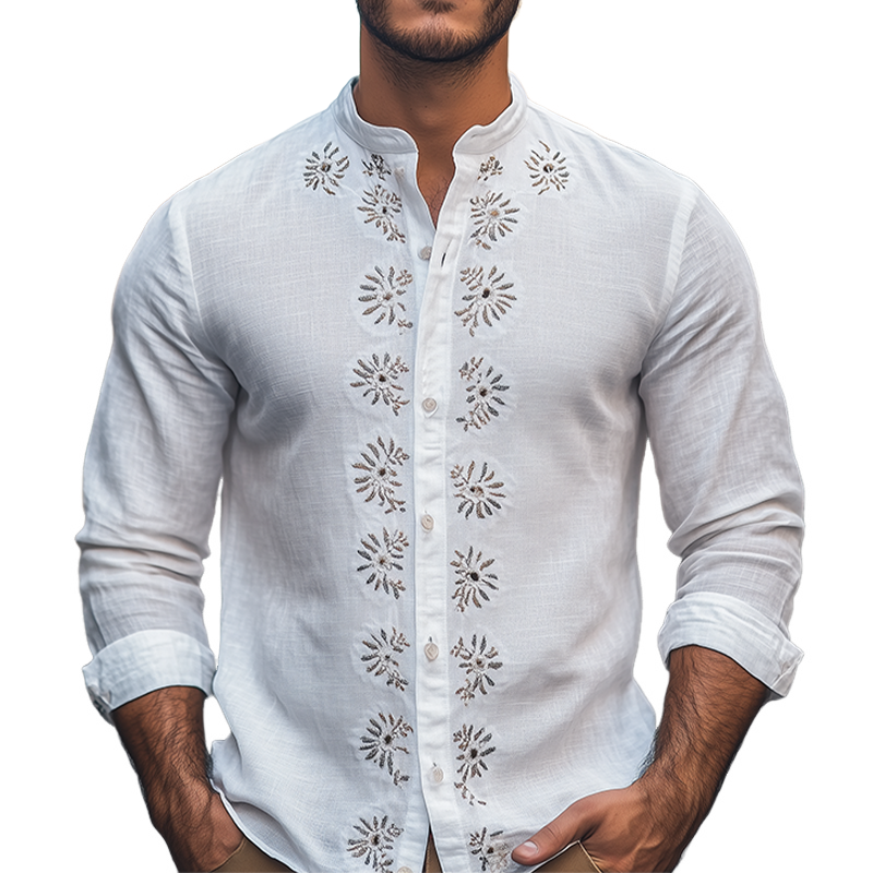 Men's Spring Fashion Retro Stand Collar Embroidered Cotton and Linen Long Sleeve Shirt 9944191205560