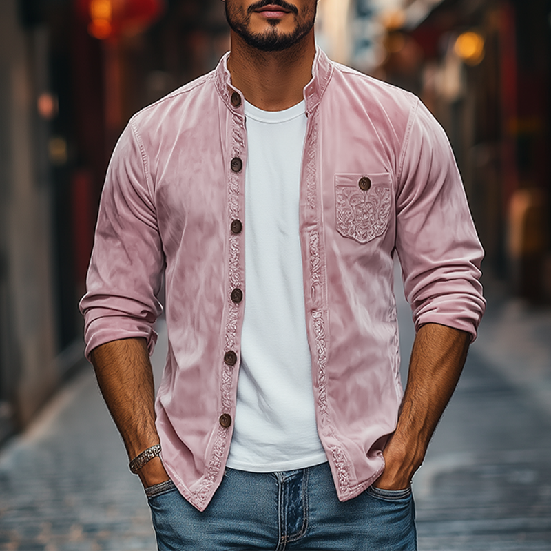 Men's Spring Fashion Casual Stand Collar Embroidered Suede Long Sleeve Shirt 9944192286904