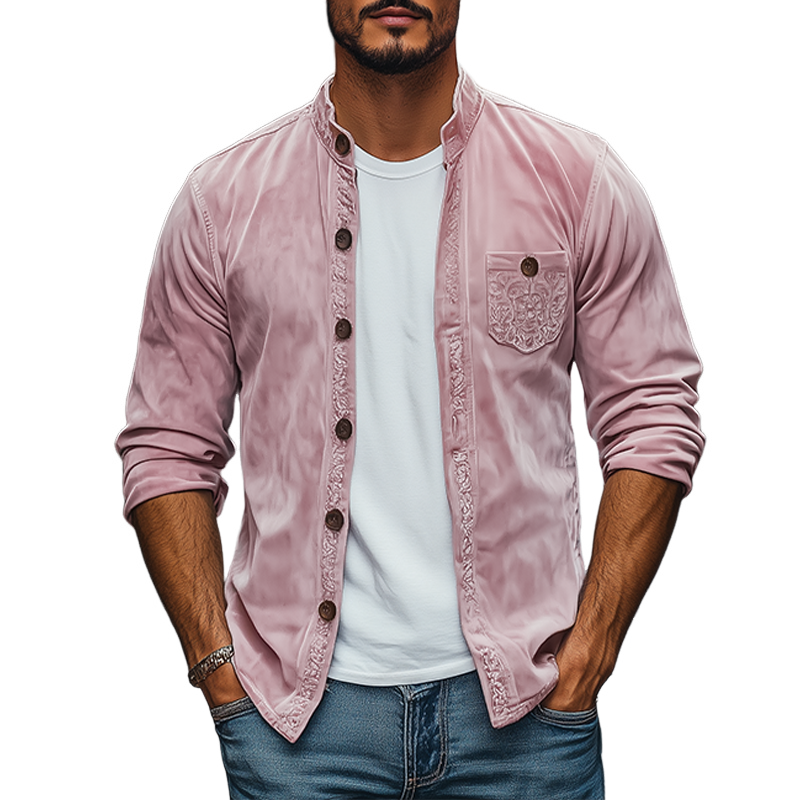 Men's Spring Fashion Casual Stand Collar Embroidered Suede Long Sleeve Shirt 9944192286904