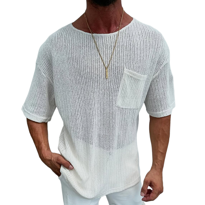 Men's Solid Color Mesh Round Neck Chest Pocket Short Sleeve T-shirt 9942354100408