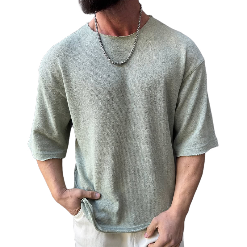 Men's Solid Color Rough Edge Round Neck Short Sleeve T-shirt 9942354591928