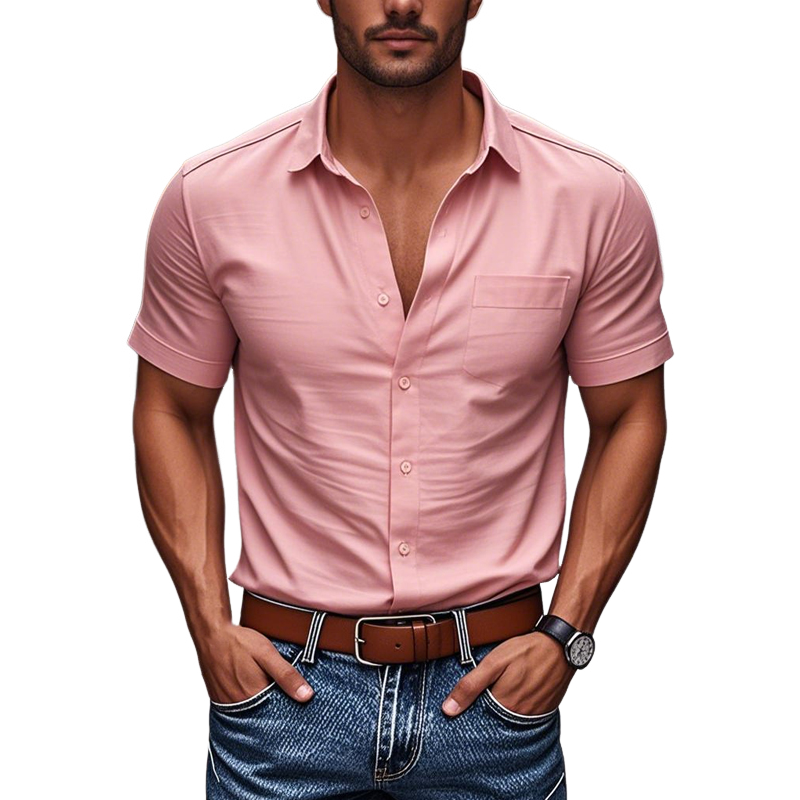 Men's Casual Cotton Lapel Patch Pocket Single Breasted Slim Fit Short Sleeve Shirt 9944198971576