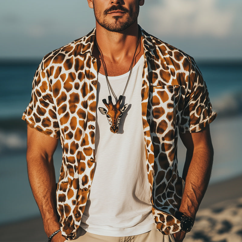 Men's Summer Fashion Giraffe Texture Print Casual Short Sleeve Shirt 9944186781880